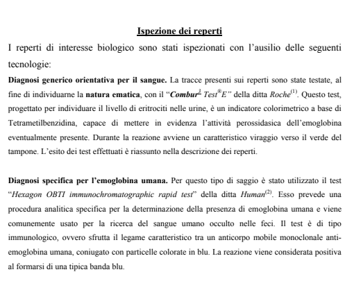 Consulenza RIS 3306–2007, pagina 1. Estratto della distinzione tra diagnosi orientativa e ricerca specifica dell’emoglobina umana.